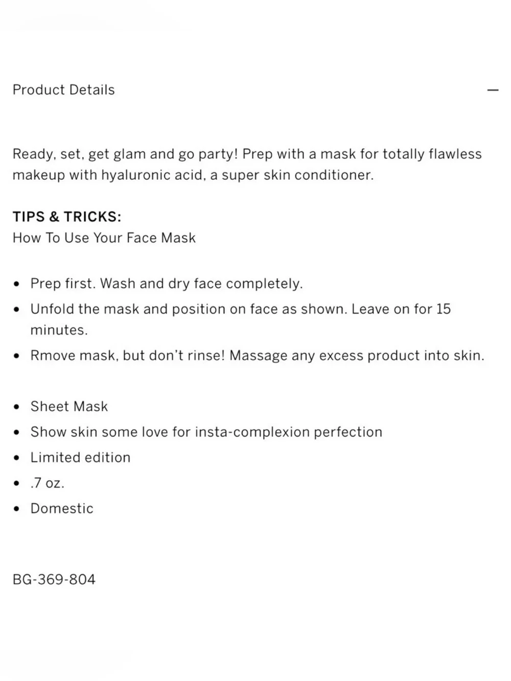 Victoria's Secret PINK Let's Pre-Glam Sheet Face Mask ~ 0.7 oz.